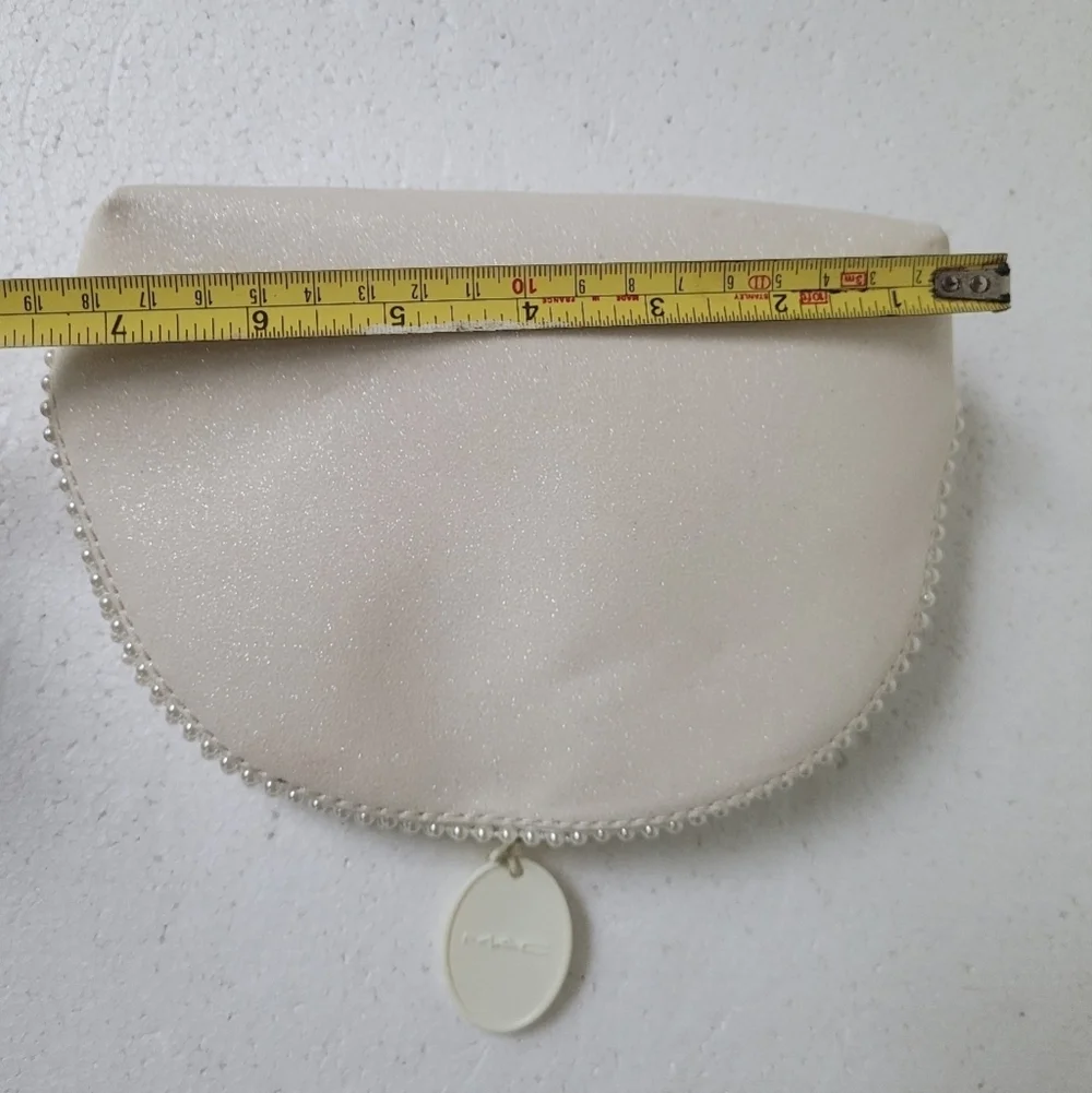 NWOT MAC Cosmetics Bag, zip closure, sparkly white, pearl trimmed, cameo zipper